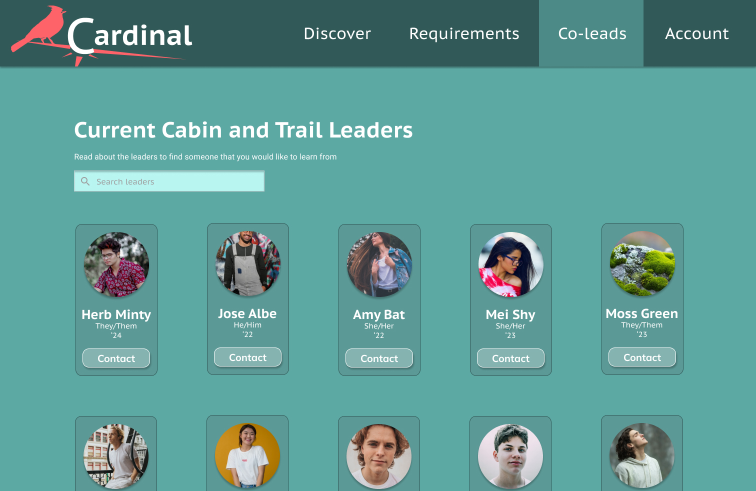 Cardinal app screen showing leader browsing feature